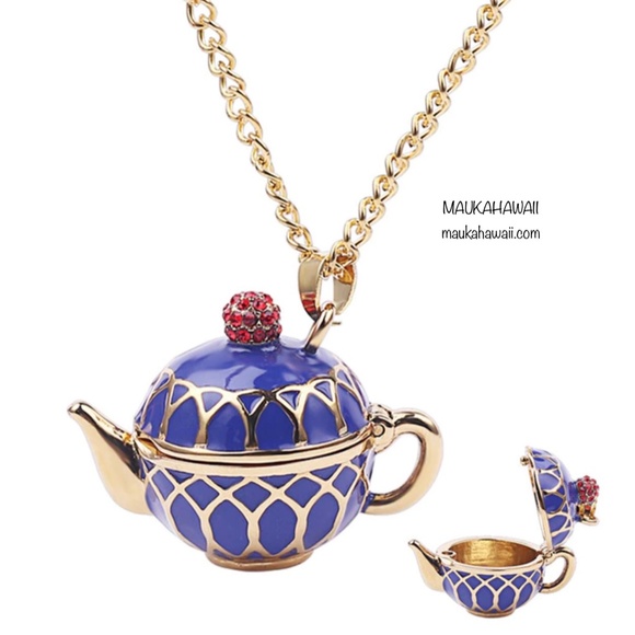 Enamel Blue Teapot Secret Compartment Poison Pill Necklace w 18 in Chain New! - Picture 11 of 14